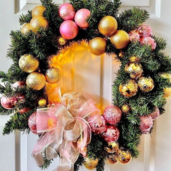 Handmade by KAT Other - PINK AND GOLD 24” PRE-LIT CORDLESS WREATH